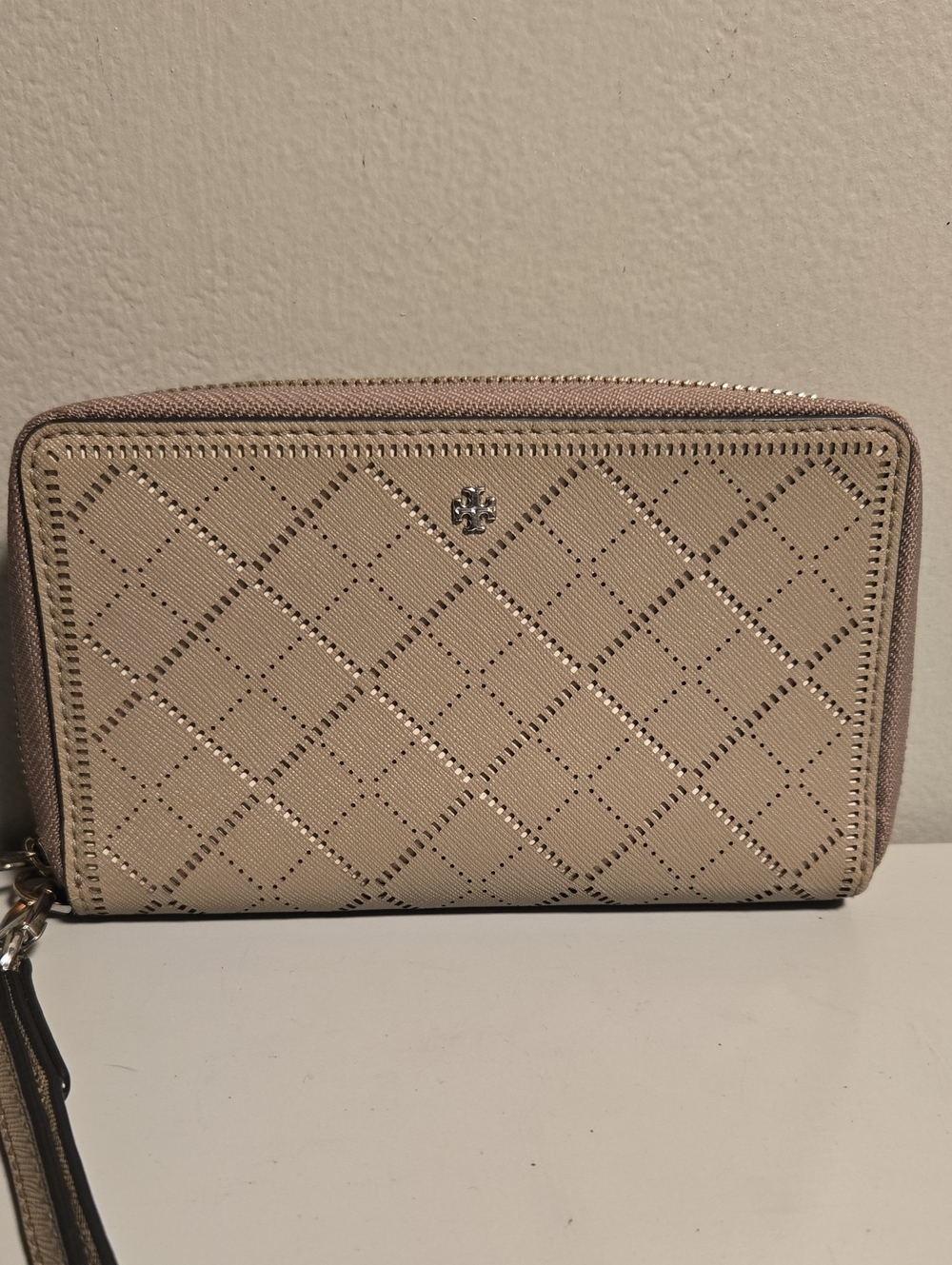 Tory Burch Taupe Perforated Zip Wristlet Wallet